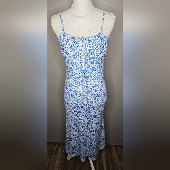 SHEIN Midi White /Blue Floral Drawstring Cami Dress Very Soft High Stretch Small - Picture 2 of 12